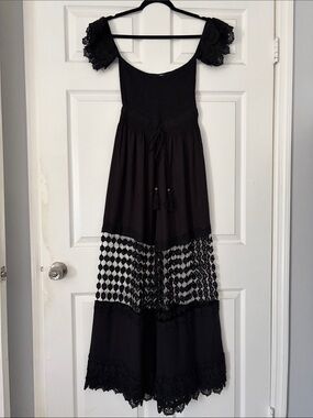 Black Lace Open Knit Ruffle Maxi Dress Cotton